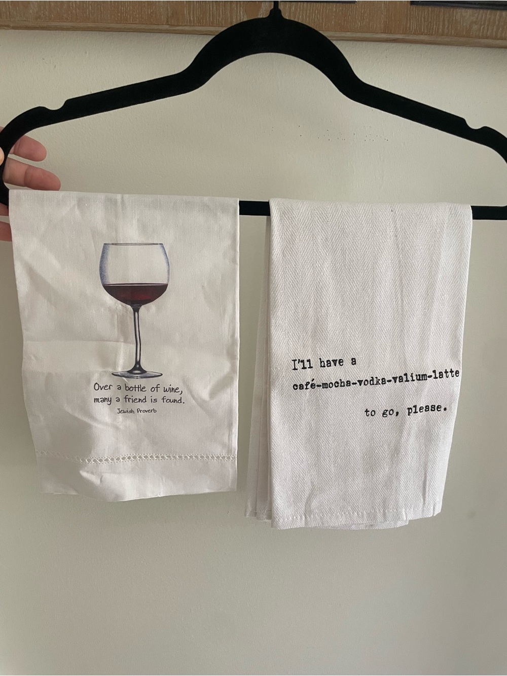 Wine Glass & Text Print Kitchen Towels - White